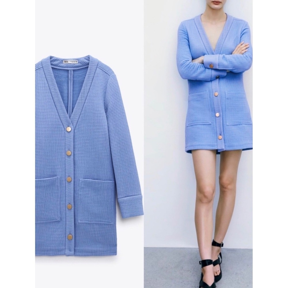 NWOT Zara Button Front Long Sleeve Textured Blazer Mini Dress Periwinkle Size XS